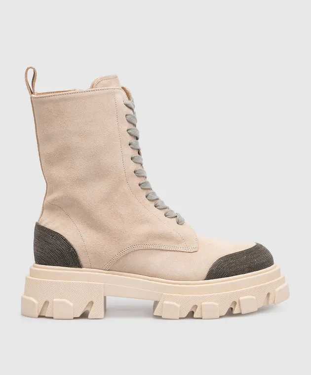 Babe Pay Pls Beige suede boots with monil chain