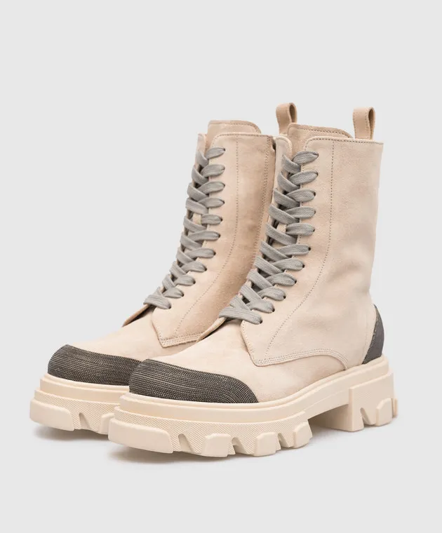 Babe Pay Pls Beige suede boots with monil chain