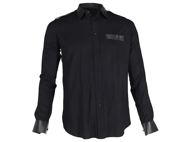 Camisa de manga larga Saint Laurent con cuello y puños de cuero en algodón negro 