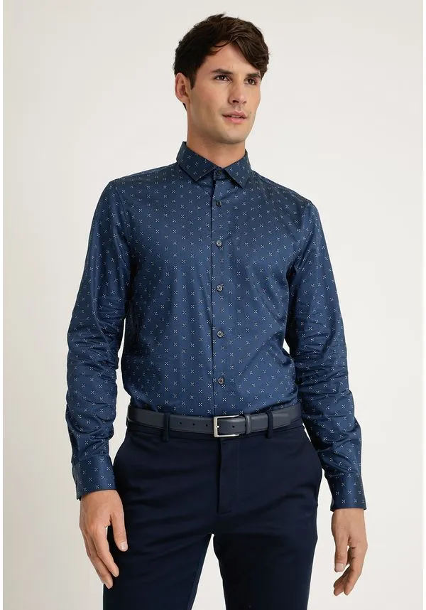 Camisa Hombre Manga Larga Estampada Azul