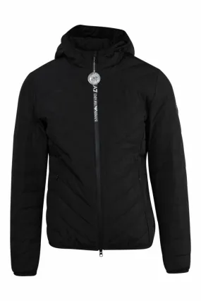 Chaqueta negra cortaviendos con capucha y logo vertical lux identity