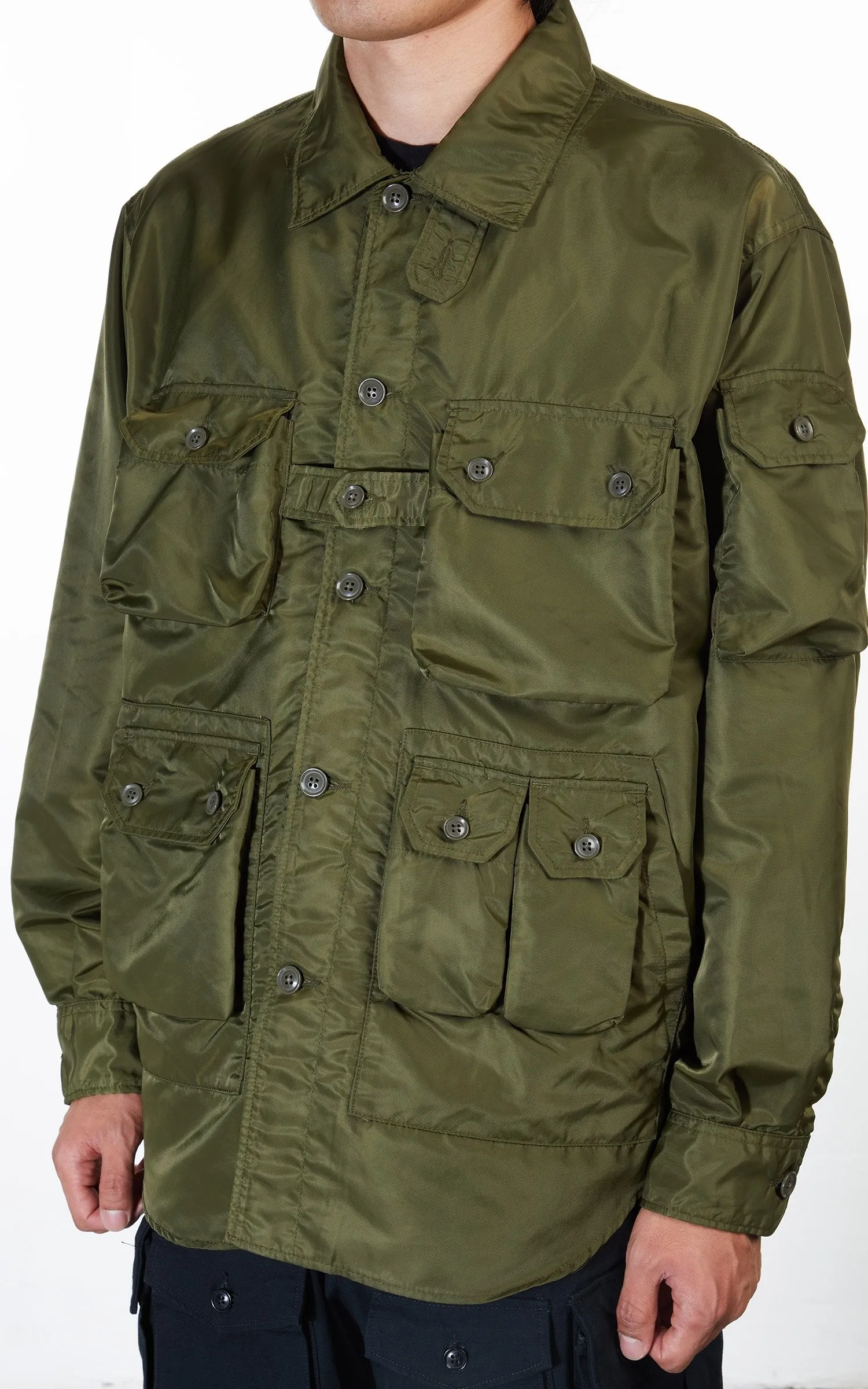 ENGINEERED GARMENTS EXPLORER SHIRT JACKET OLIVE FLIGHT SATIN NYLON