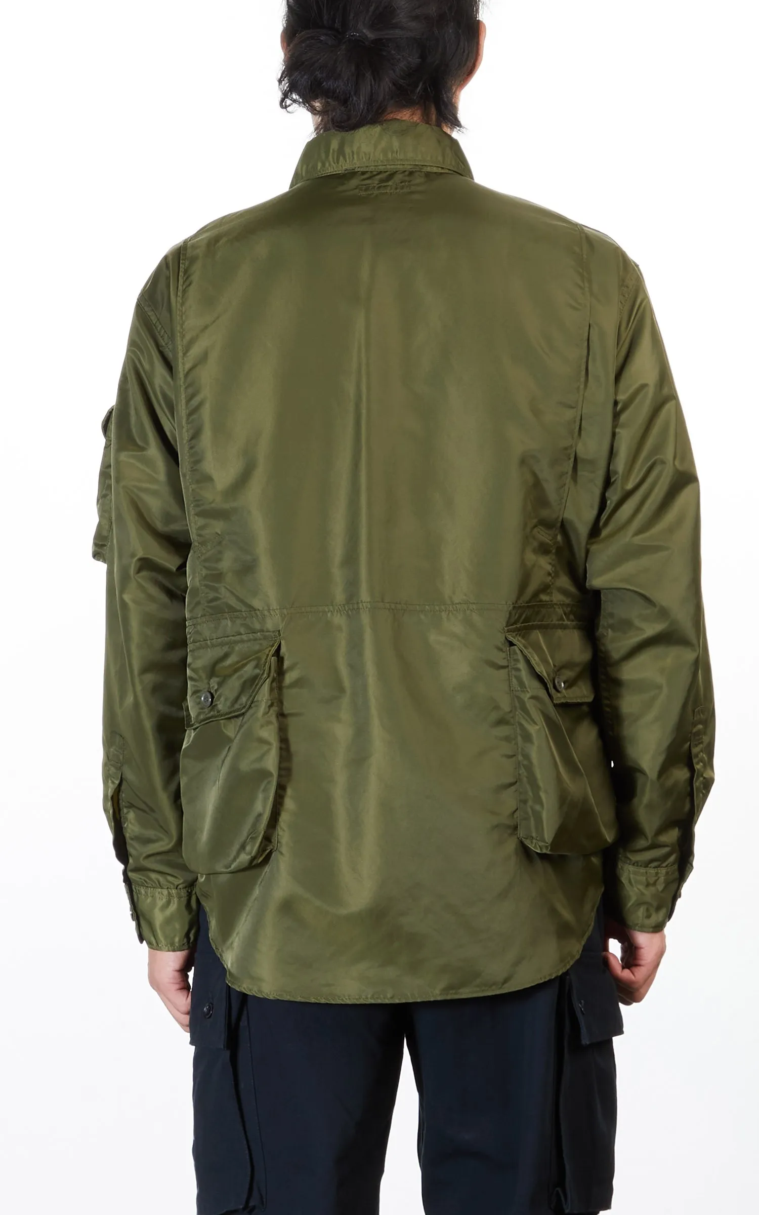 ENGINEERED GARMENTS EXPLORER SHIRT JACKET OLIVE FLIGHT SATIN NYLON