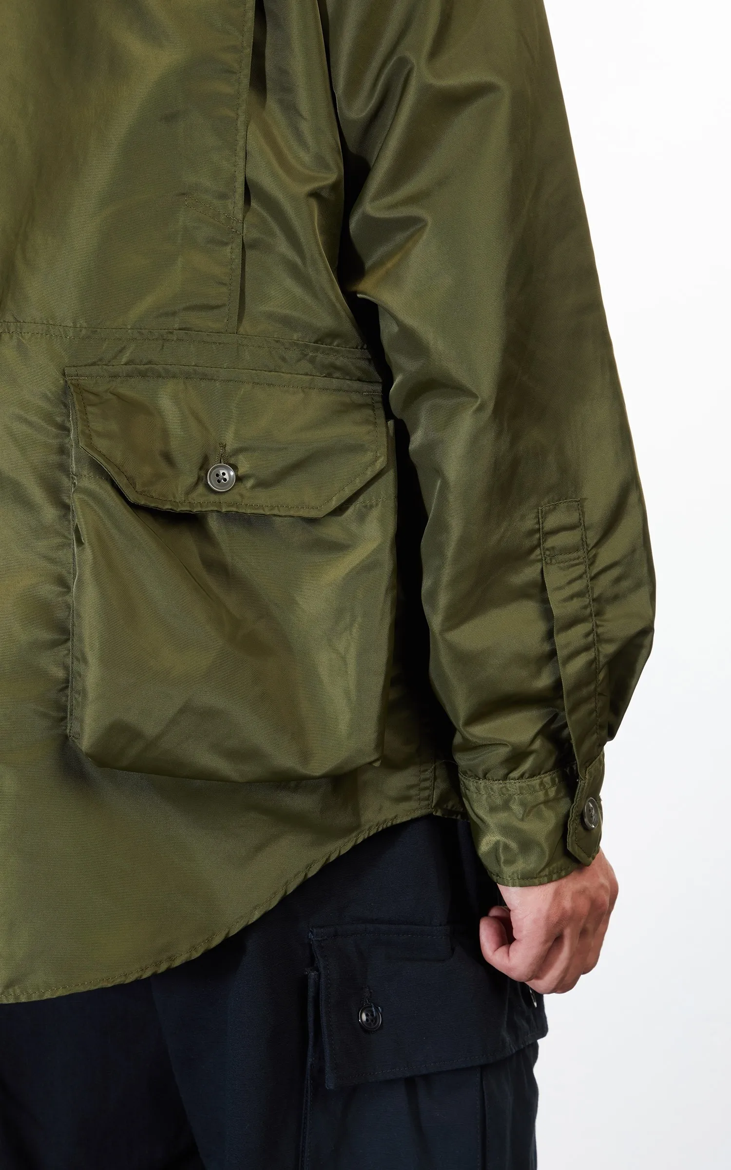 ENGINEERED GARMENTS EXPLORER SHIRT JACKET OLIVE FLIGHT SATIN NYLON