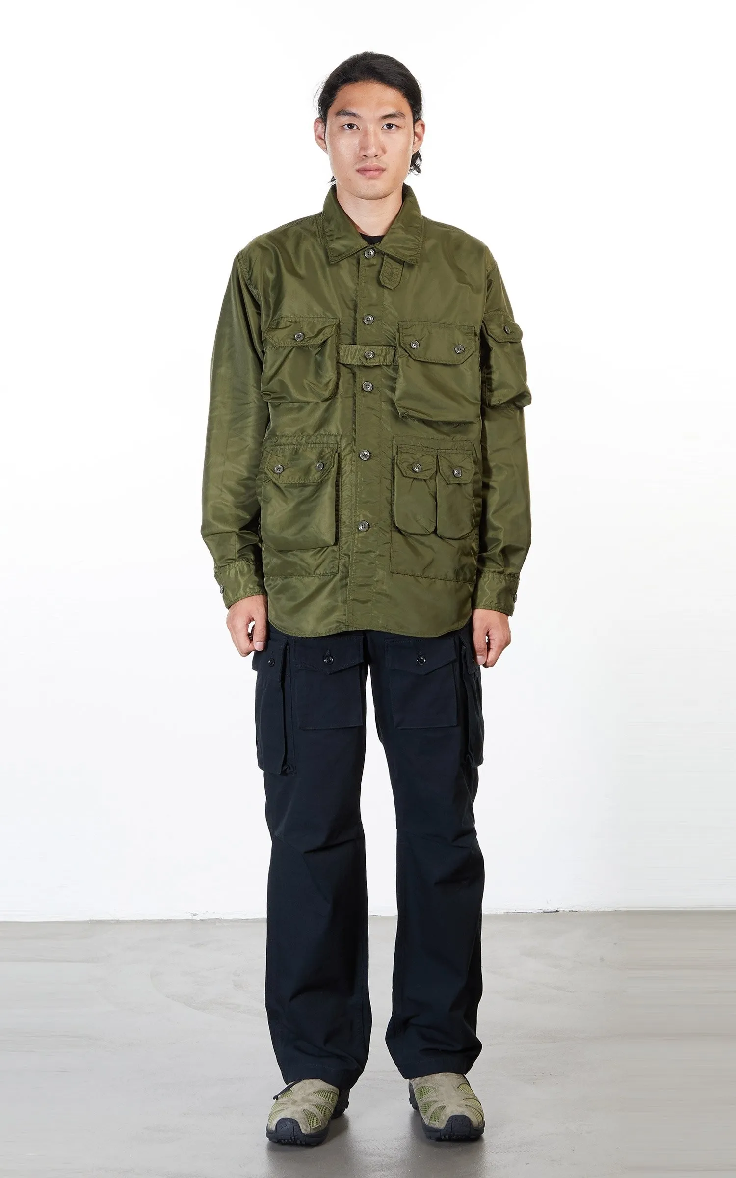 ENGINEERED GARMENTS EXPLORER SHIRT JACKET OLIVE FLIGHT SATIN NYLON