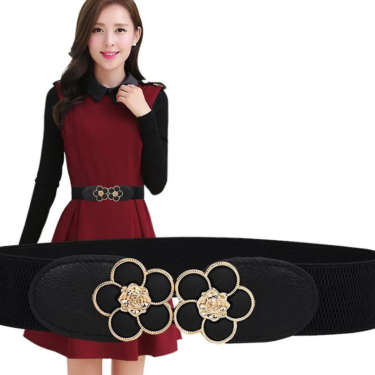 Simple Woman Waistband Fashionable Dress Waistband For Lady Woman Female (black Plum Blossom Interlocks Pattern)